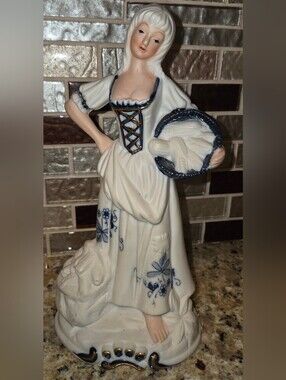 VTG Porcelain Village Girl White Navy Blue & Gold Trim With Basket 8.5" x 4"